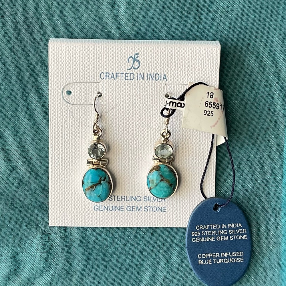 NWT Oval Shaped Blue Copper Turquoise With Gold Veins Sterling Earrings